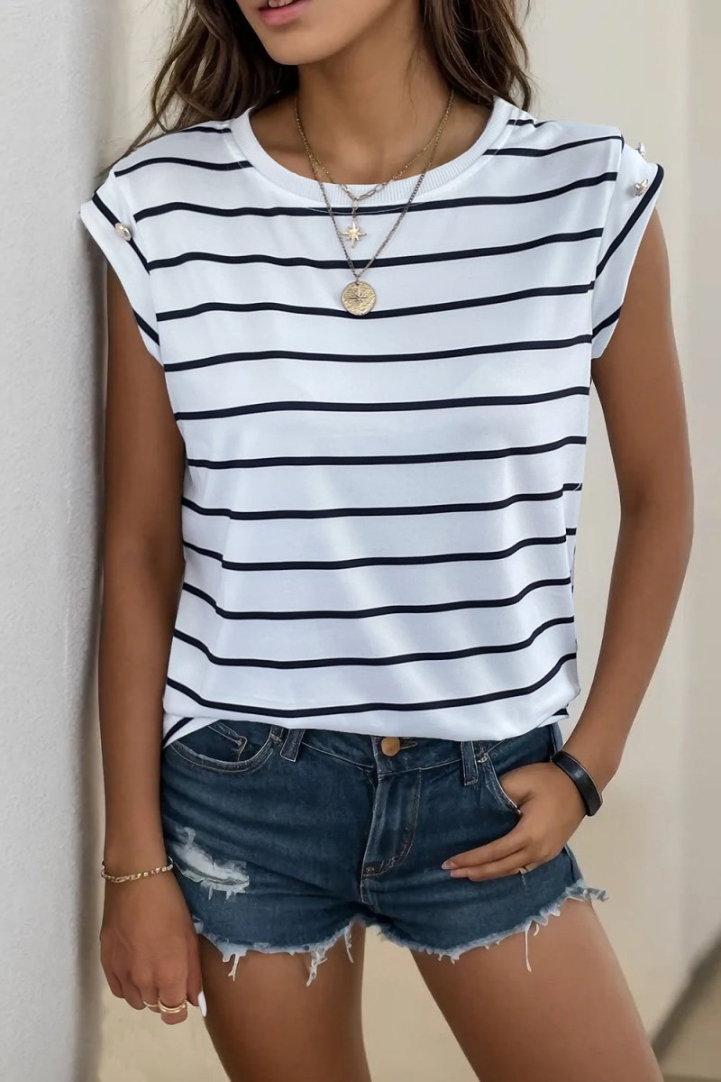 Perfee Decorative Button Round Neck T-Shirt - Top