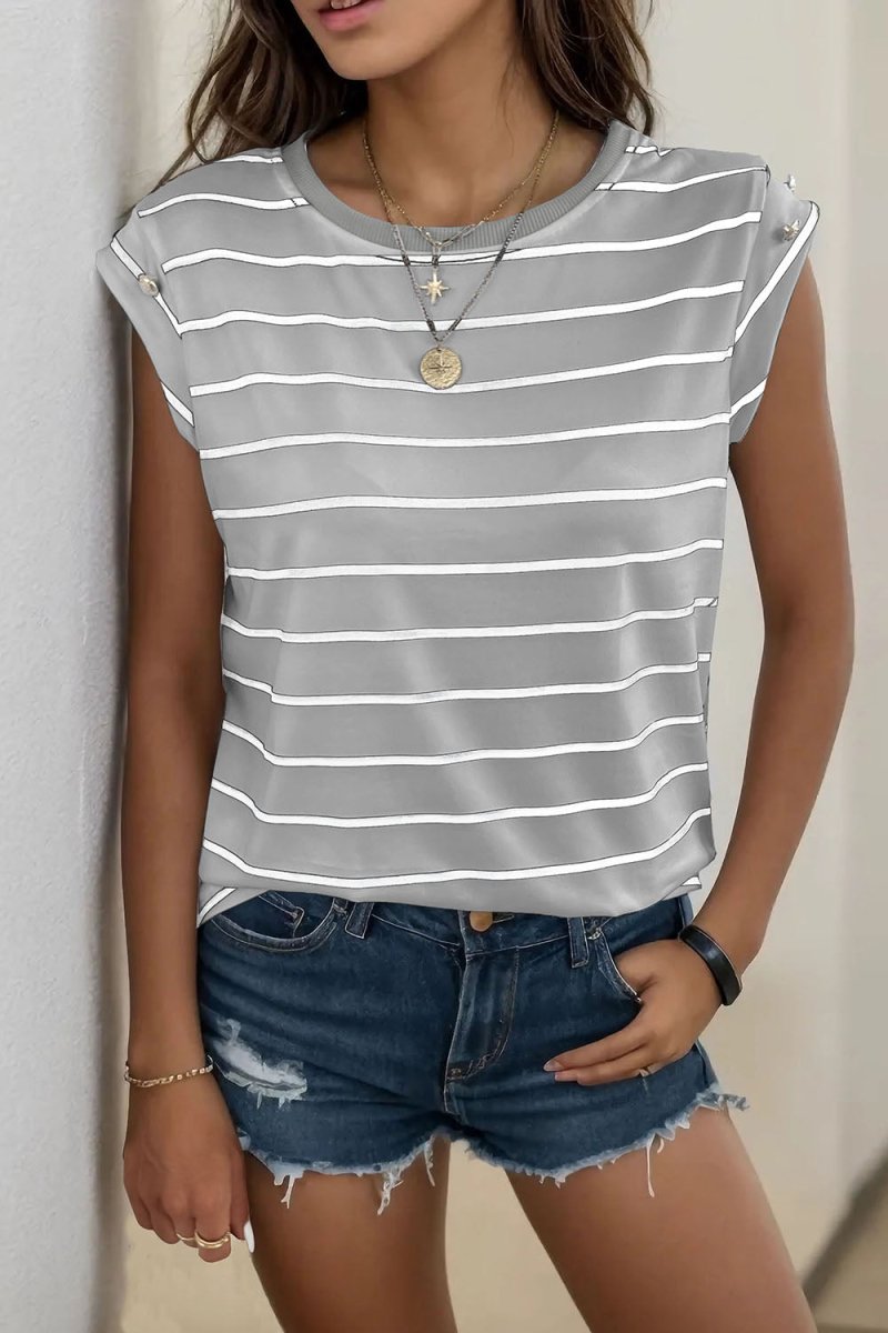 Perfee Decorative Button Round Neck T-Shirt - Top