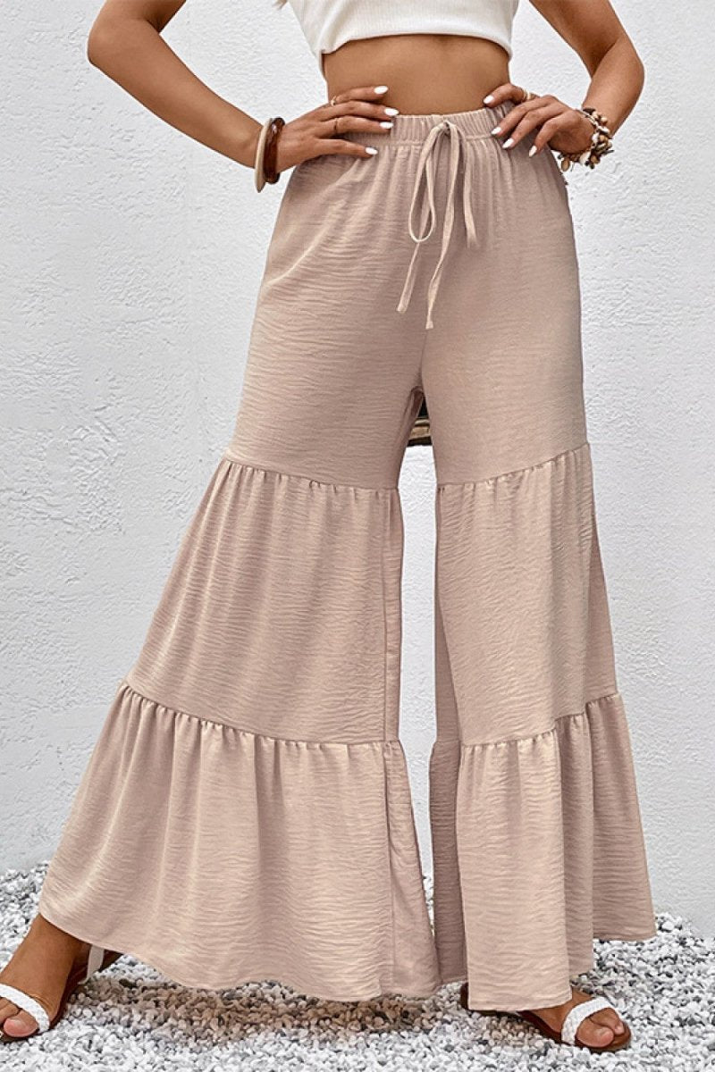 Perfee Drawstring Waist Tiered Flare Culottes - Bottoms