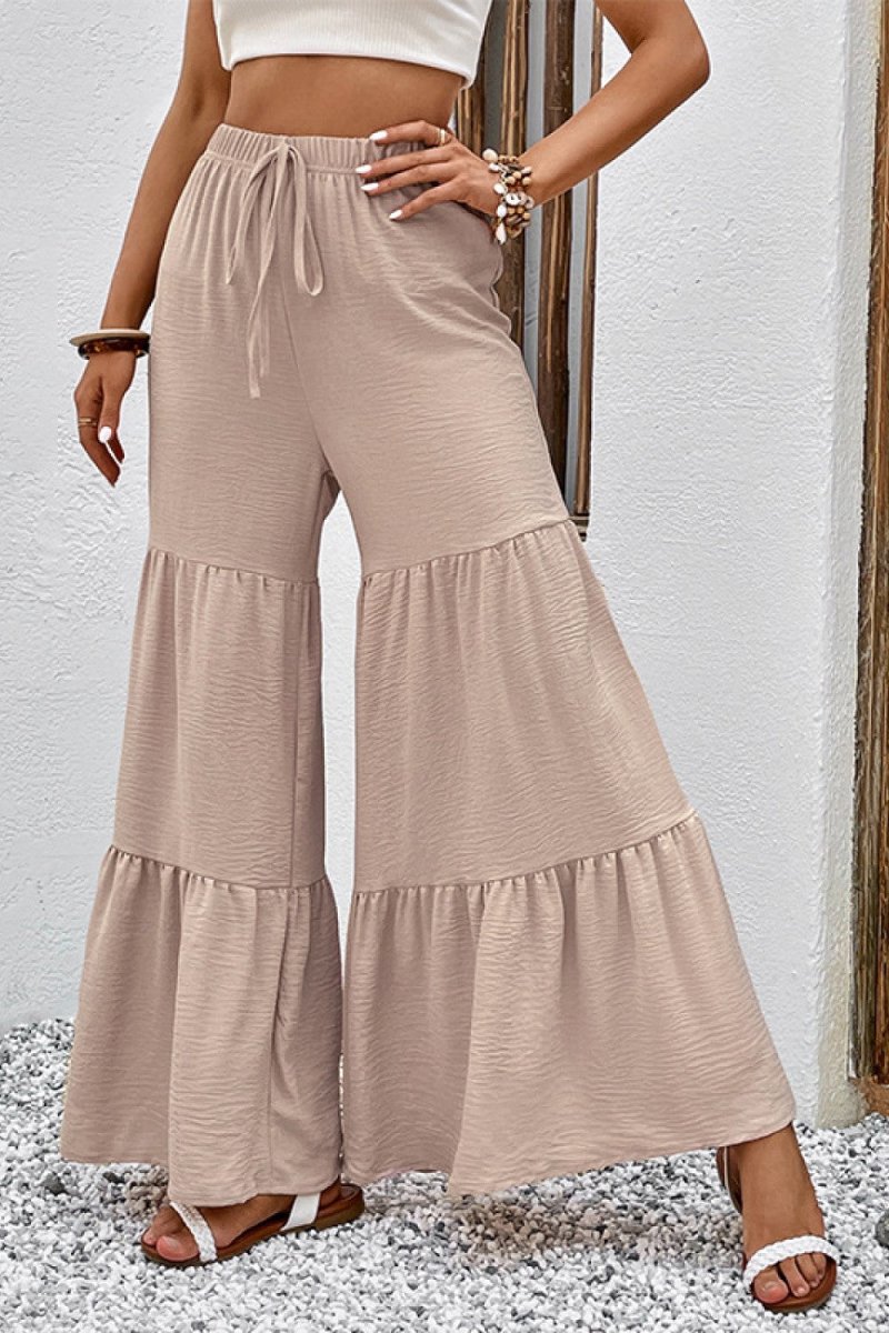Perfee Drawstring Waist Tiered Flare Culottes - Bottoms