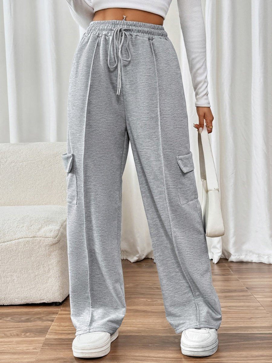 Perfee Drawstring Wide Leg Pants with Pockets - Bottoms