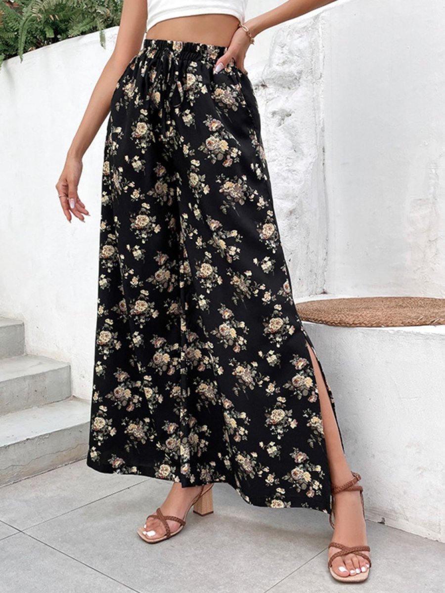 Perfee Floral Side Slit Wide Leg Pants - Bottoms