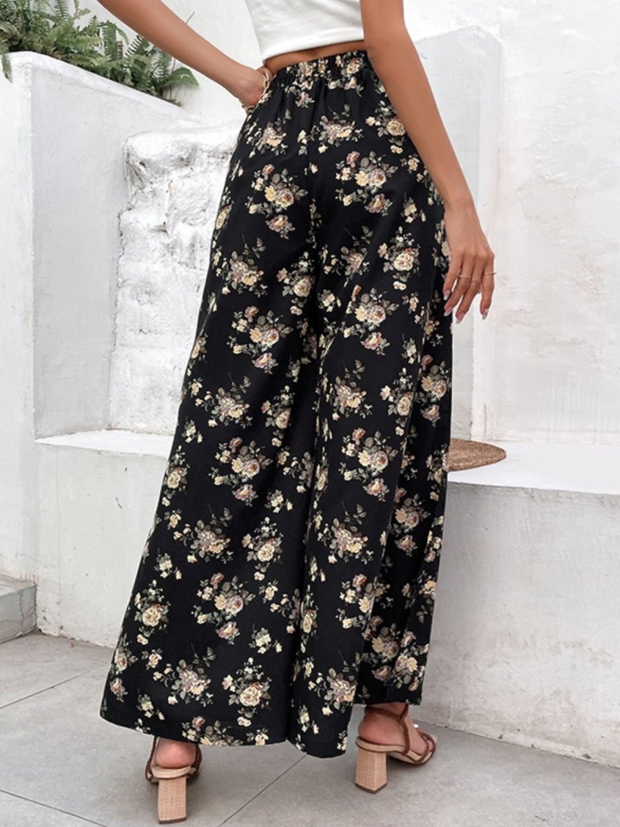 Perfee Floral Side Slit Wide Leg Pants - Bottoms