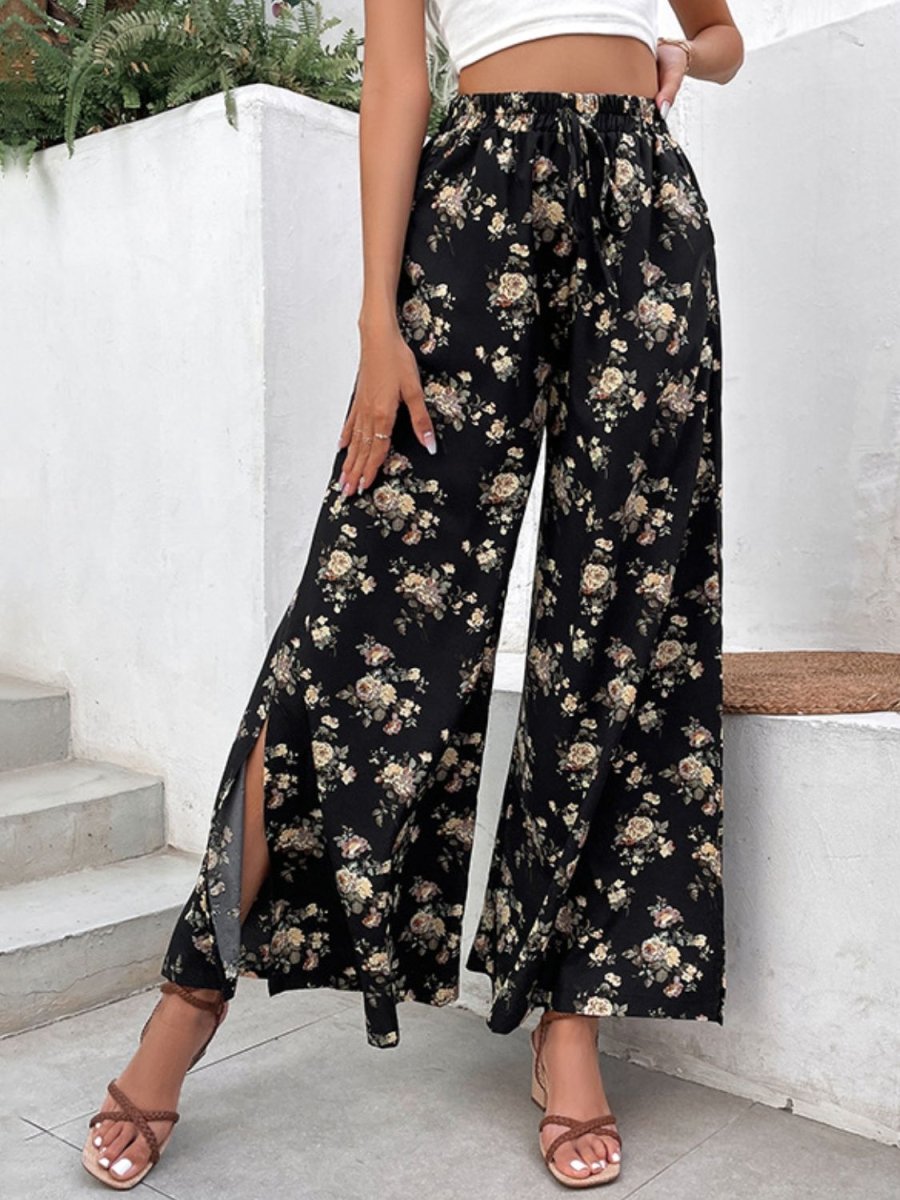 Perfee Floral Side Slit Wide Leg Pants - Bottoms