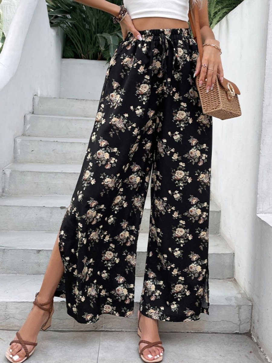 Perfee Floral Side Slit Wide Leg Pants - Bottoms