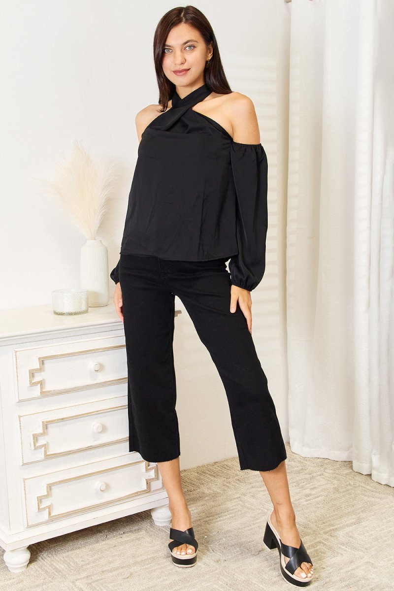 Perfee Grecian Cold Shoulder Long Sleeve Blouse - 