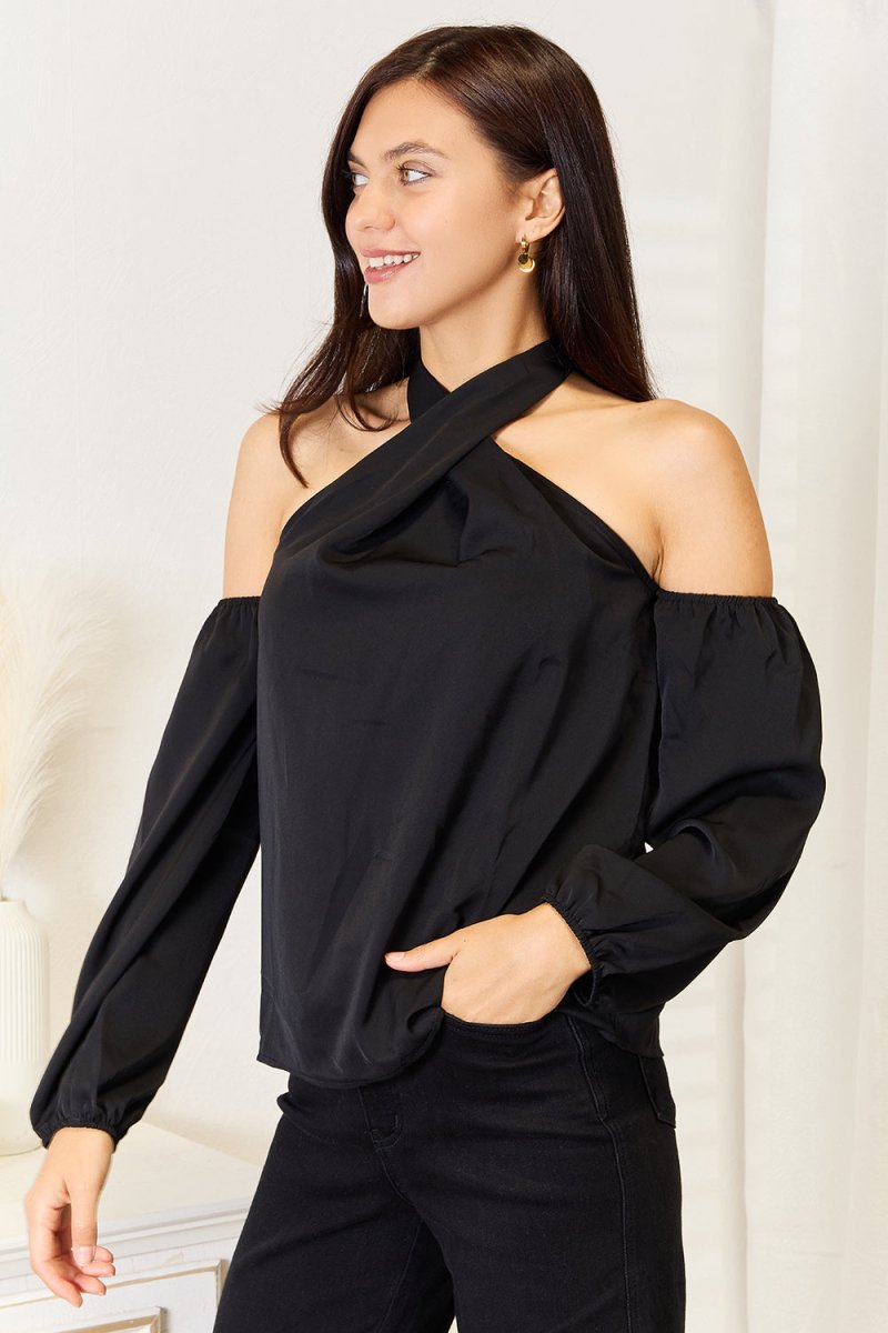 Perfee Grecian Cold Shoulder Long Sleeve Blouse - 