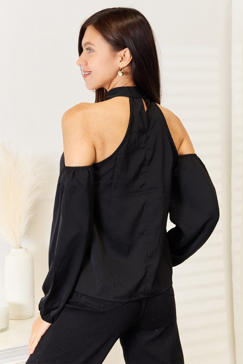 Perfee Grecian Cold Shoulder Long Sleeve Blouse - 
