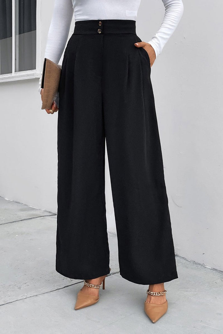 Perfee High Waist Ruched Pocketed Wide Leg Pants - Bottoms