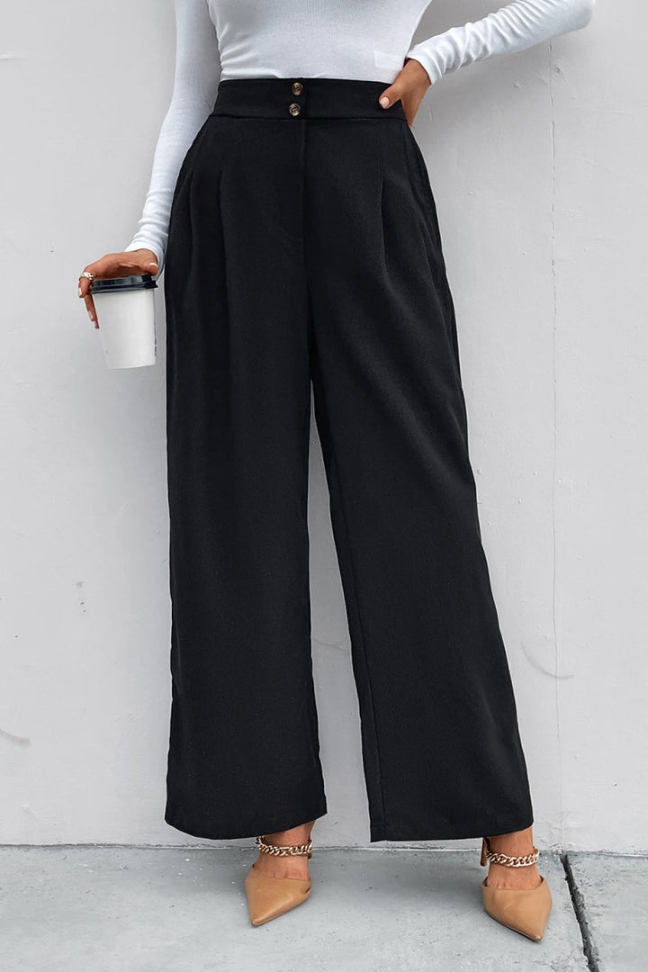 Perfee High Waist Ruched Pocketed Wide Leg Pants - Bottoms
