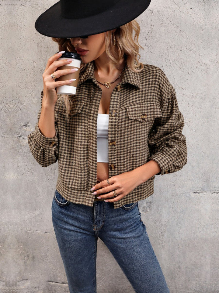 Perfee Houndstooth Collared Neck Button Up Jacket - Outerwear