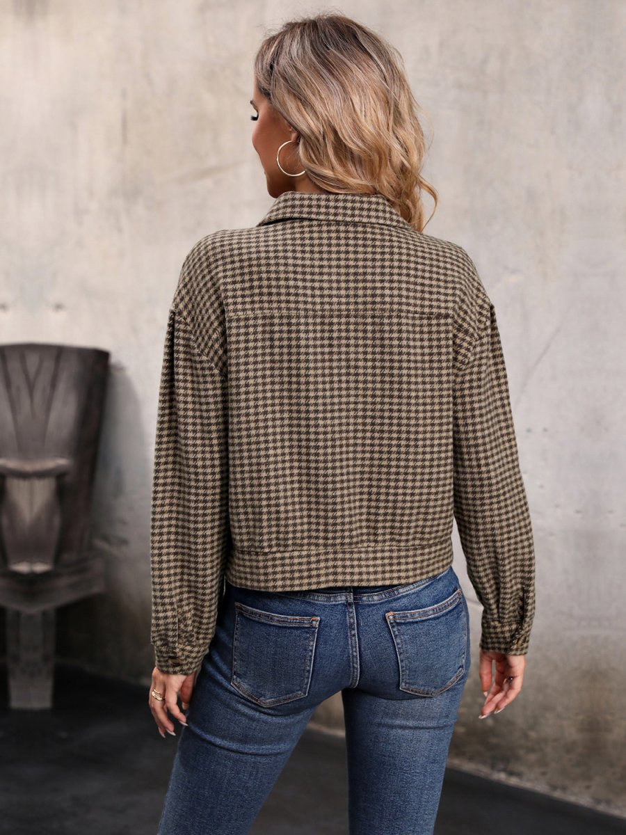 Perfee Houndstooth Collared Neck Button Up Jacket - Outerwear