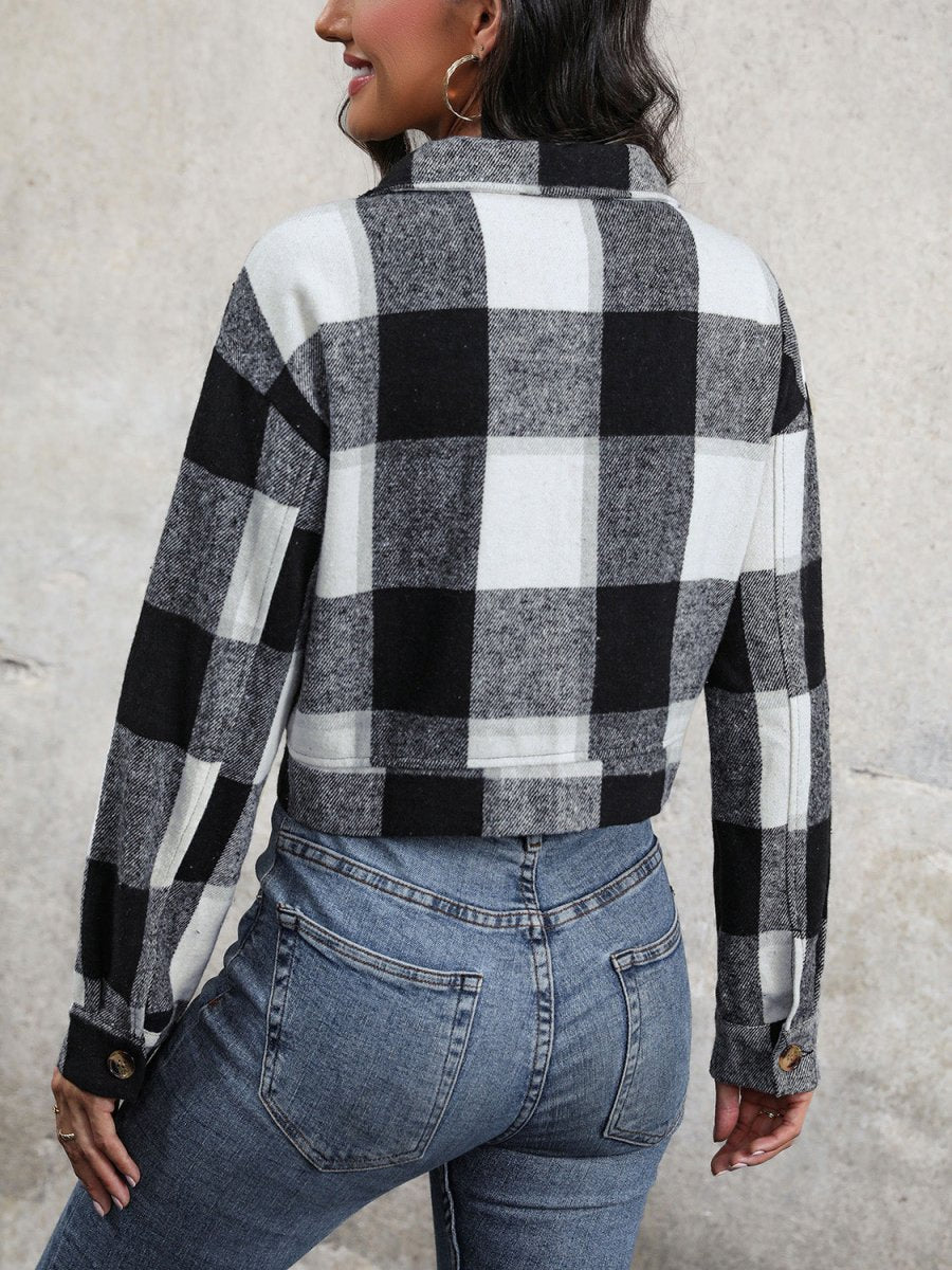 Perfee Plaid Button Up Drop Shoulder Cropped Jacket - Outerwear
