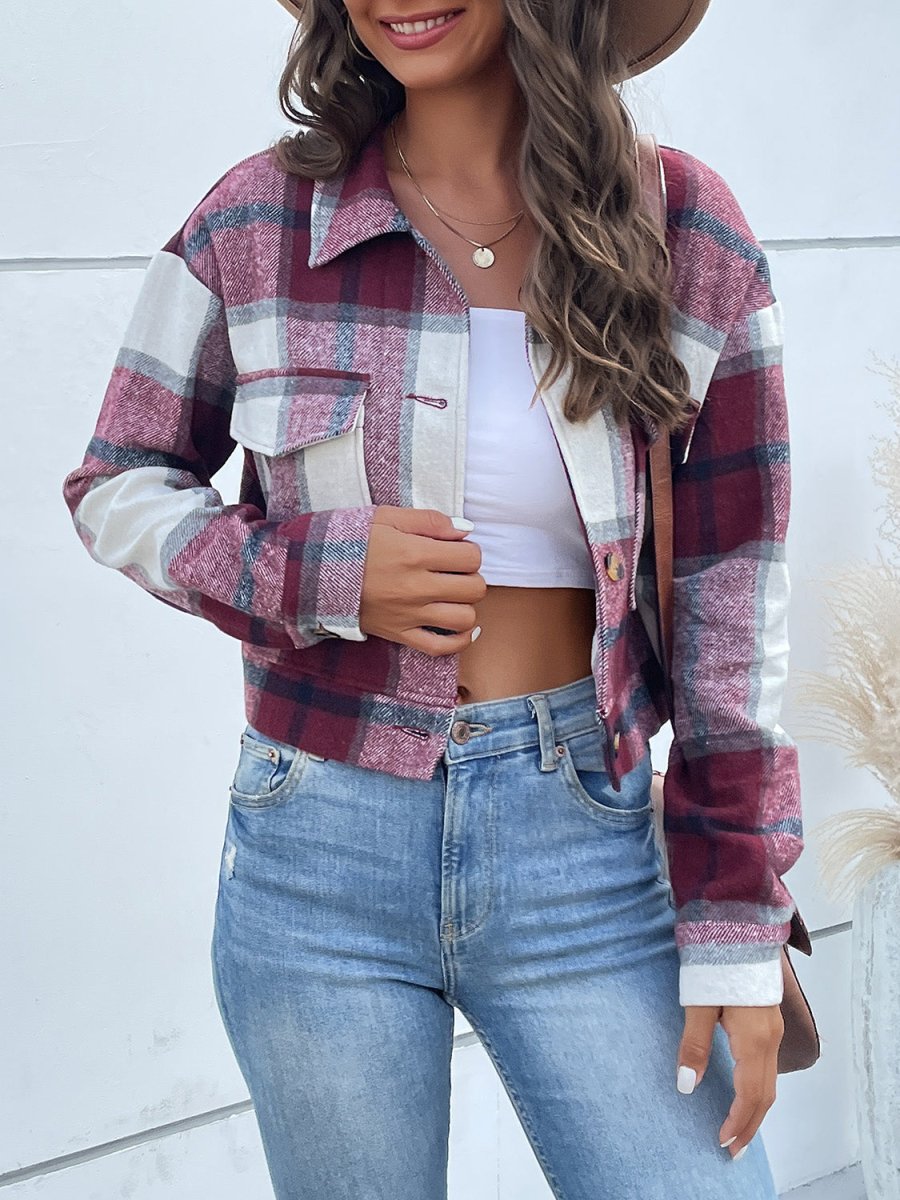 Perfee Plaid Button Up Drop Shoulder Cropped Jacket - Outerwear