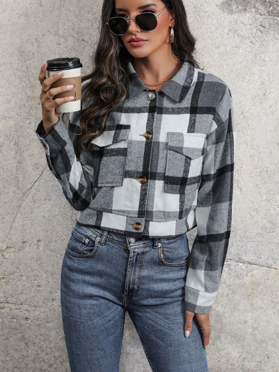 Perfee Plaid Button Up Drop Shoulder Cropped Jacket - Outerwear