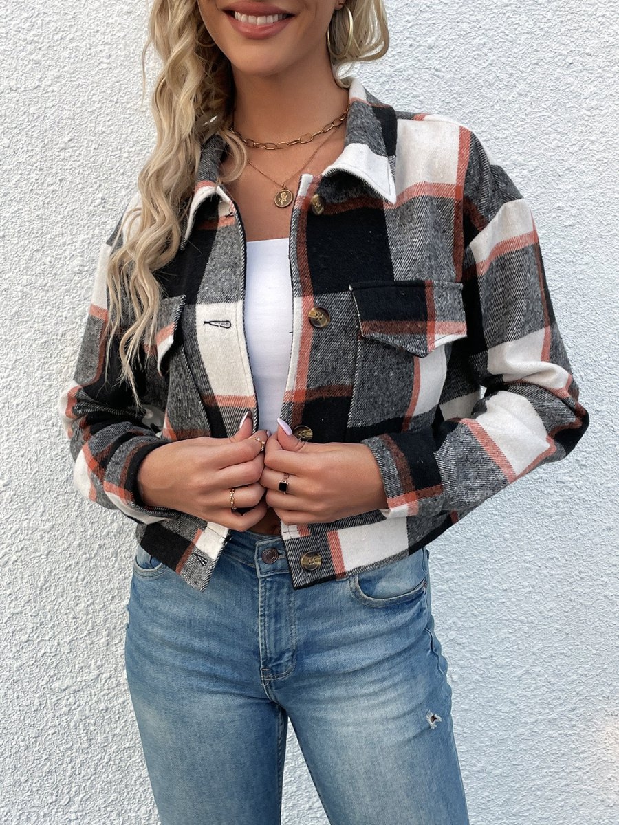 Perfee Plaid Button Up Drop Shoulder Cropped Jacket - Outerwear