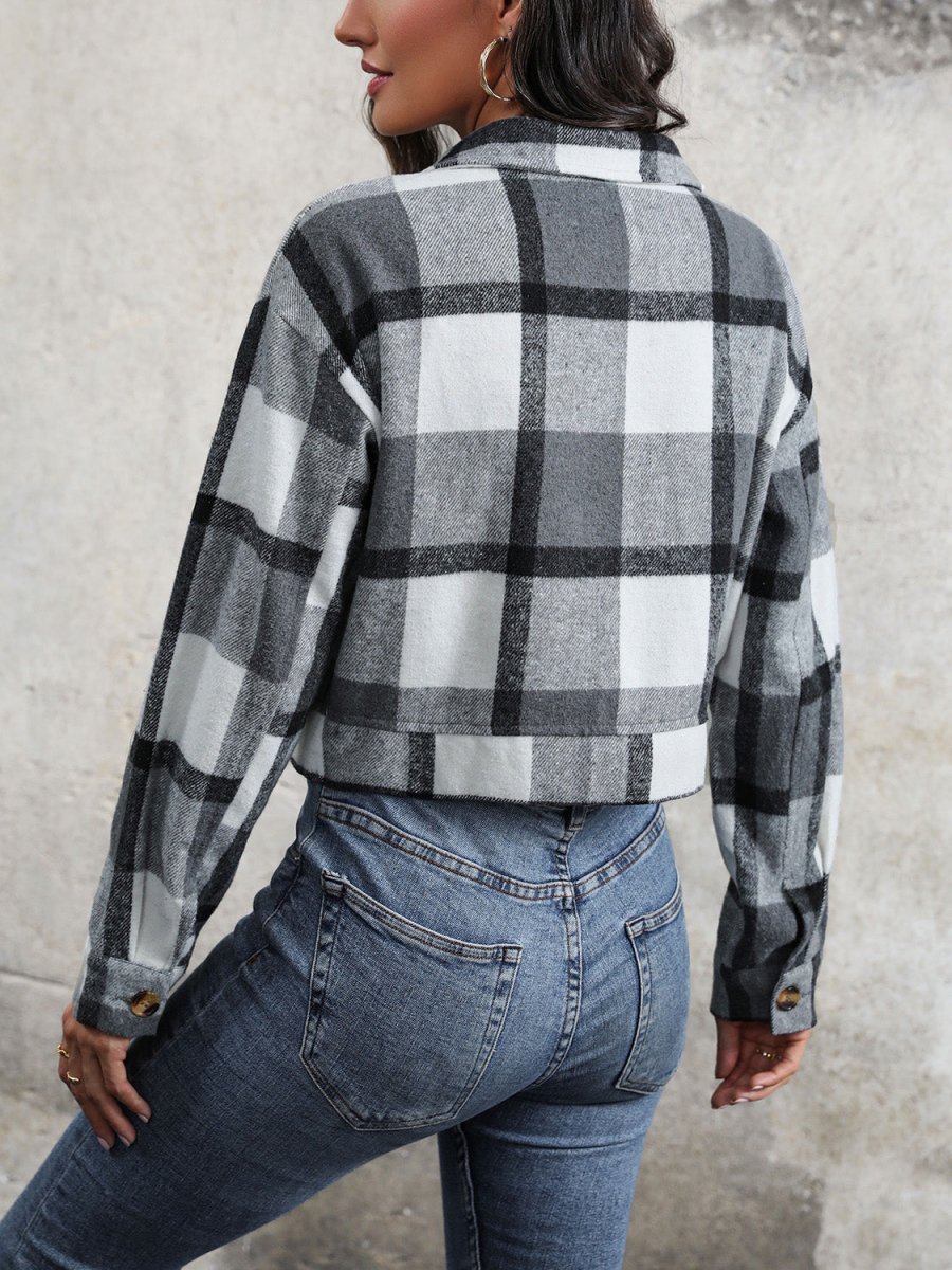Perfee Plaid Button Up Drop Shoulder Cropped Jacket - Outerwear