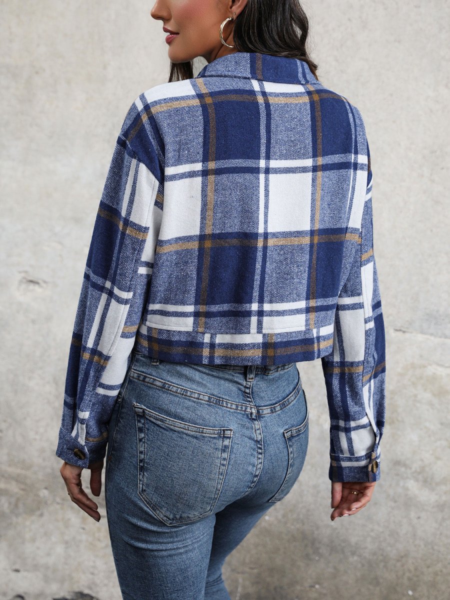 Perfee Plaid Button Up Drop Shoulder Cropped Jacket - Outerwear