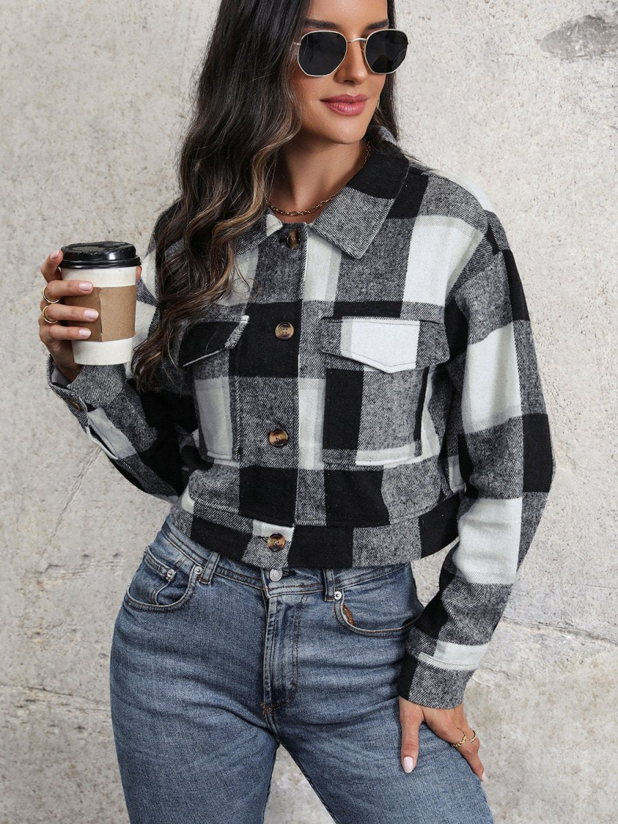 Perfee Plaid Button Up Drop Shoulder Cropped Jacket - Outerwear
