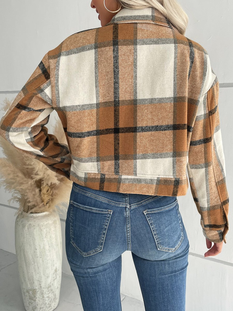 Perfee Plaid Button Up Drop Shoulder Cropped Jacket - Outerwear