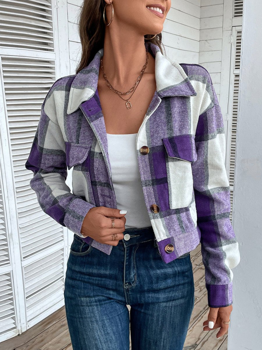 Perfee Plaid Button Up Drop Shoulder Cropped Jacket - Outerwear