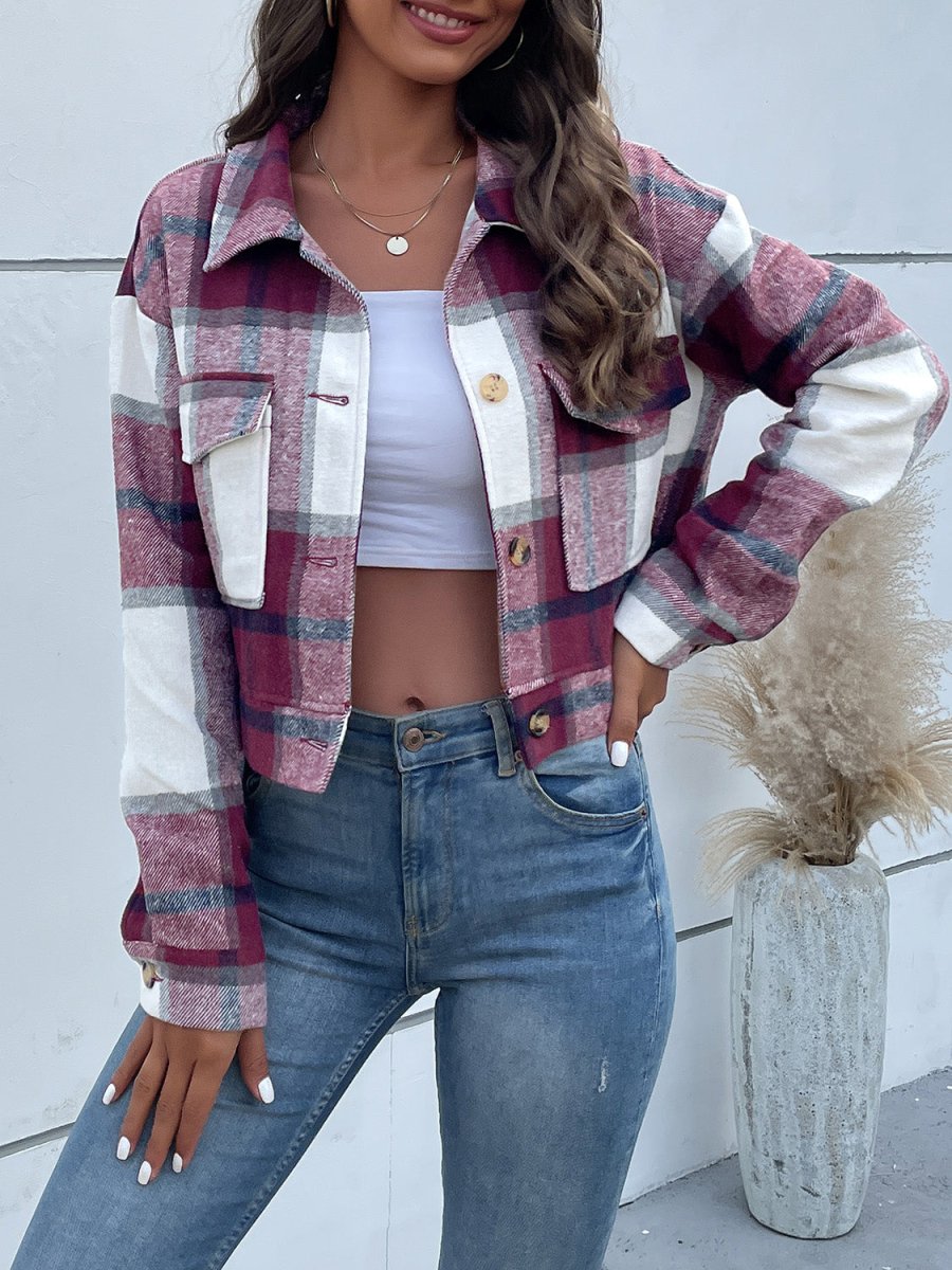 Perfee Plaid Button Up Drop Shoulder Cropped Jacket - Outerwear