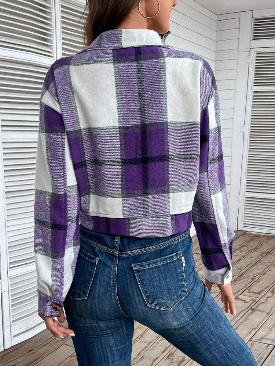Perfee Plaid Button Up Drop Shoulder Cropped Jacket - Outerwear