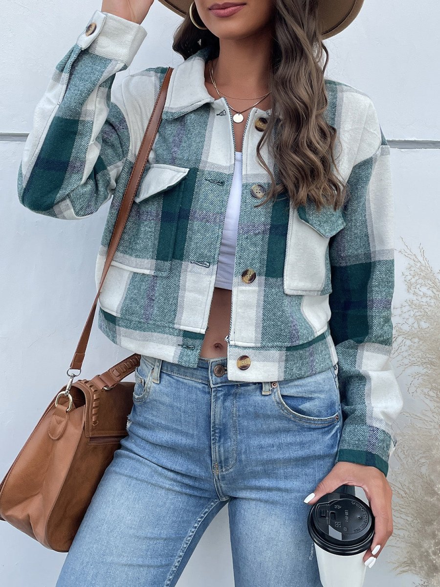 Perfee Plaid Button Up Drop Shoulder Cropped Jacket - Outerwear