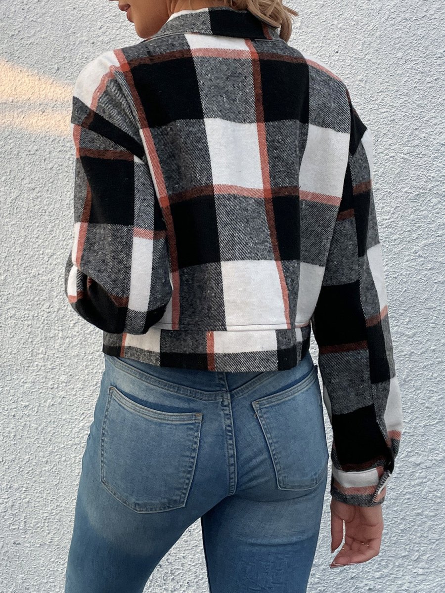 Perfee Plaid Button Up Drop Shoulder Cropped Jacket - Outerwear