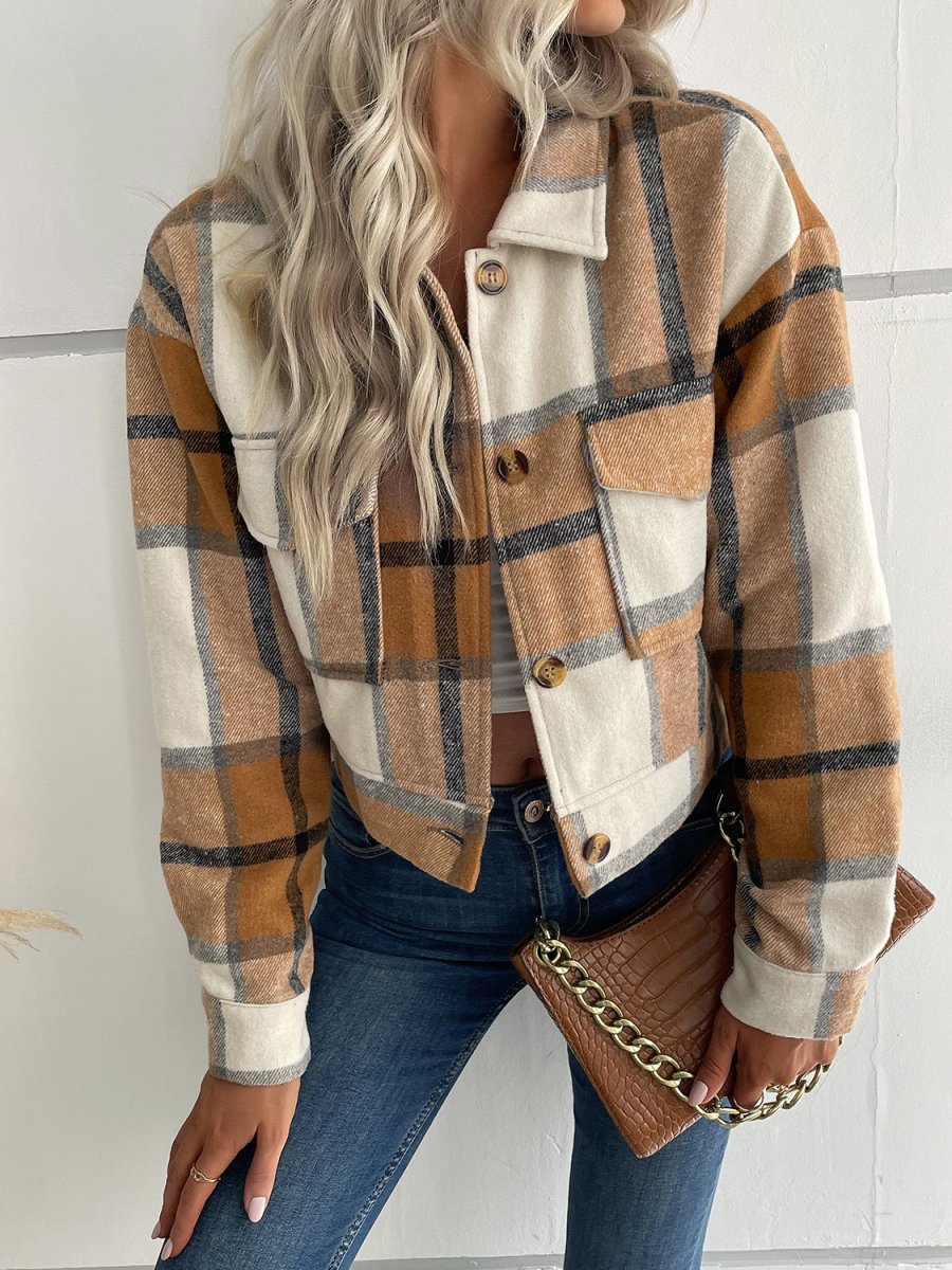 Perfee Plaid Button Up Drop Shoulder Cropped Jacket - Outerwear