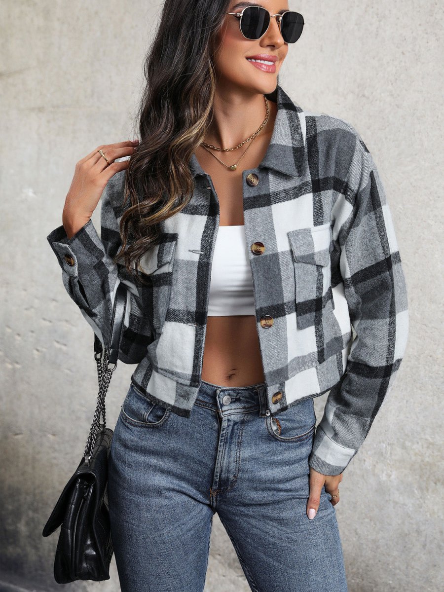 Perfee Plaid Button Up Drop Shoulder Cropped Jacket - Outerwear