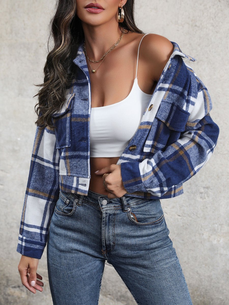 Perfee Plaid Button Up Drop Shoulder Cropped Jacket - Outerwear