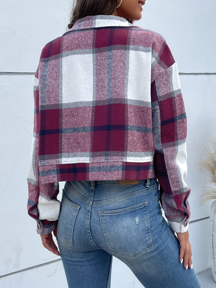 Perfee Plaid Button Up Drop Shoulder Cropped Jacket - Outerwear