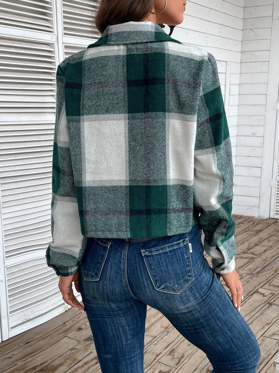 Perfee Plaid Collared Neck Button Up Long Sleeve Jacket - Outerwear