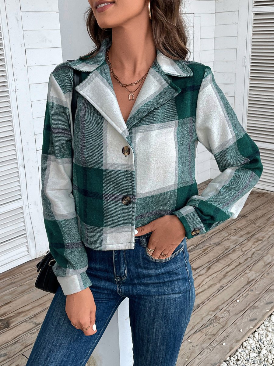 Perfee Plaid Collared Neck Button Up Long Sleeve Jacket - Outerwear