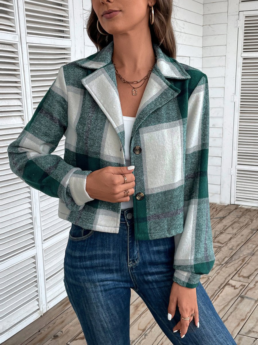 Perfee Plaid Collared Neck Button Up Long Sleeve Jacket - Outerwear