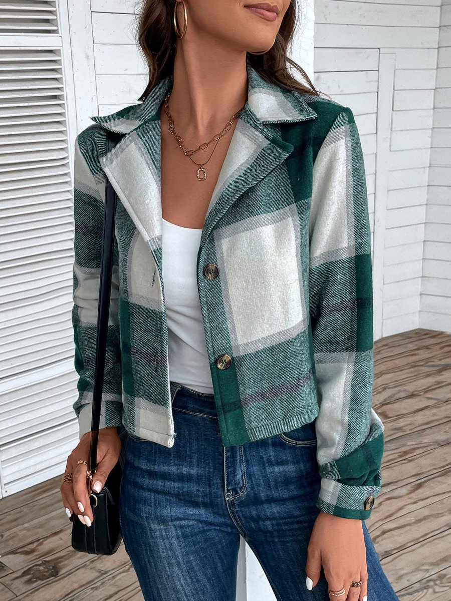 Perfee Plaid Collared Neck Button Up Long Sleeve Jacket - Outerwear