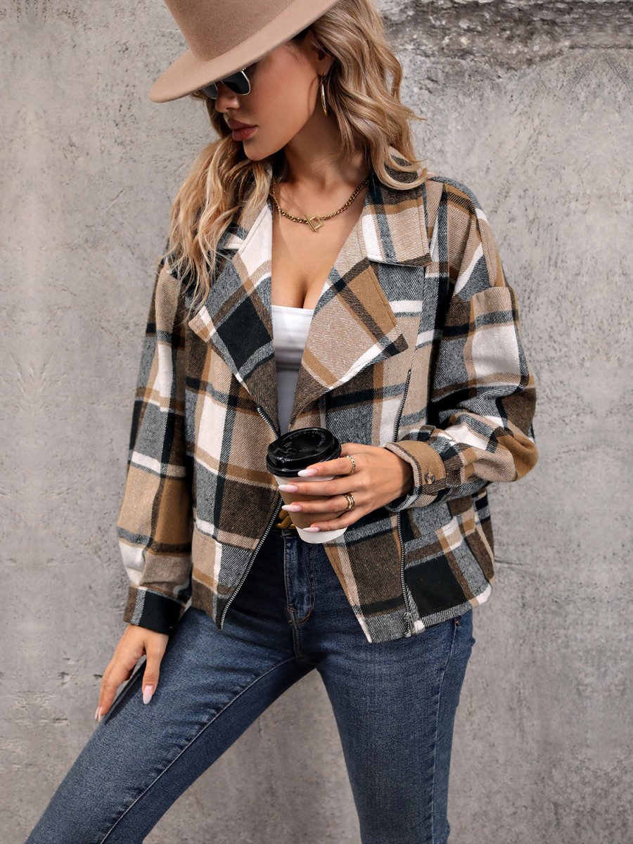 Perfee Plaid Collared Neck Long Sleeve Jacket - Outerwear