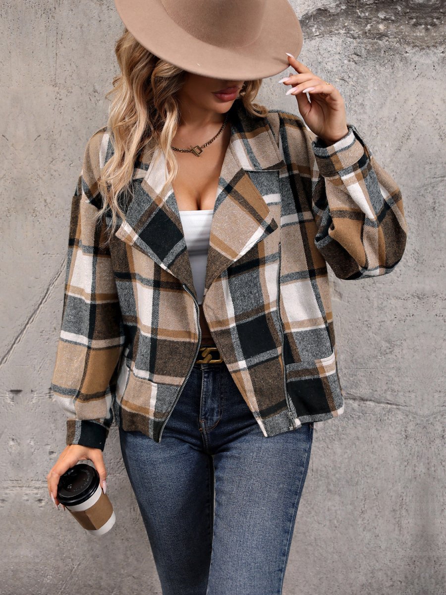 Perfee Plaid Collared Neck Long Sleeve Jacket - Outerwear