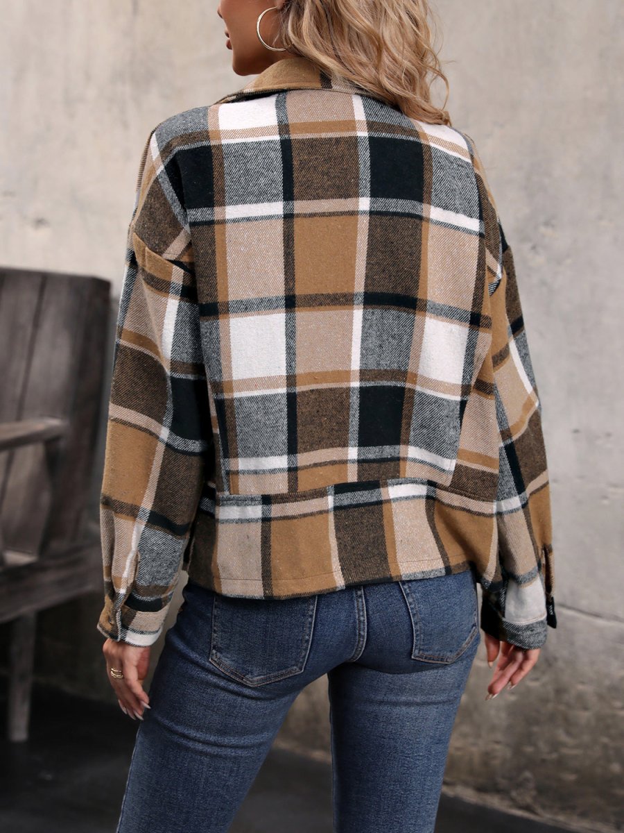 Perfee Plaid Collared Neck Long Sleeve Jacket - Outerwear