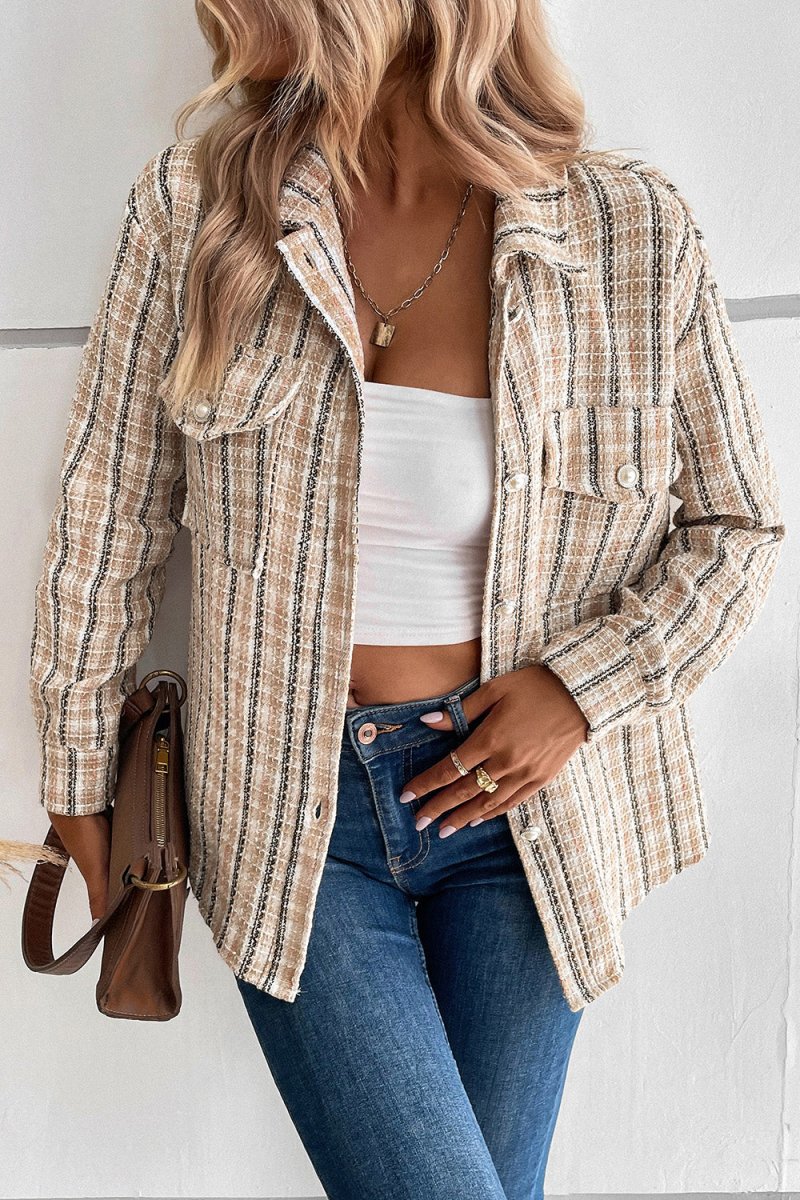 Perfee Pocketed Button Up Collared Neck Jacket - Outerwear