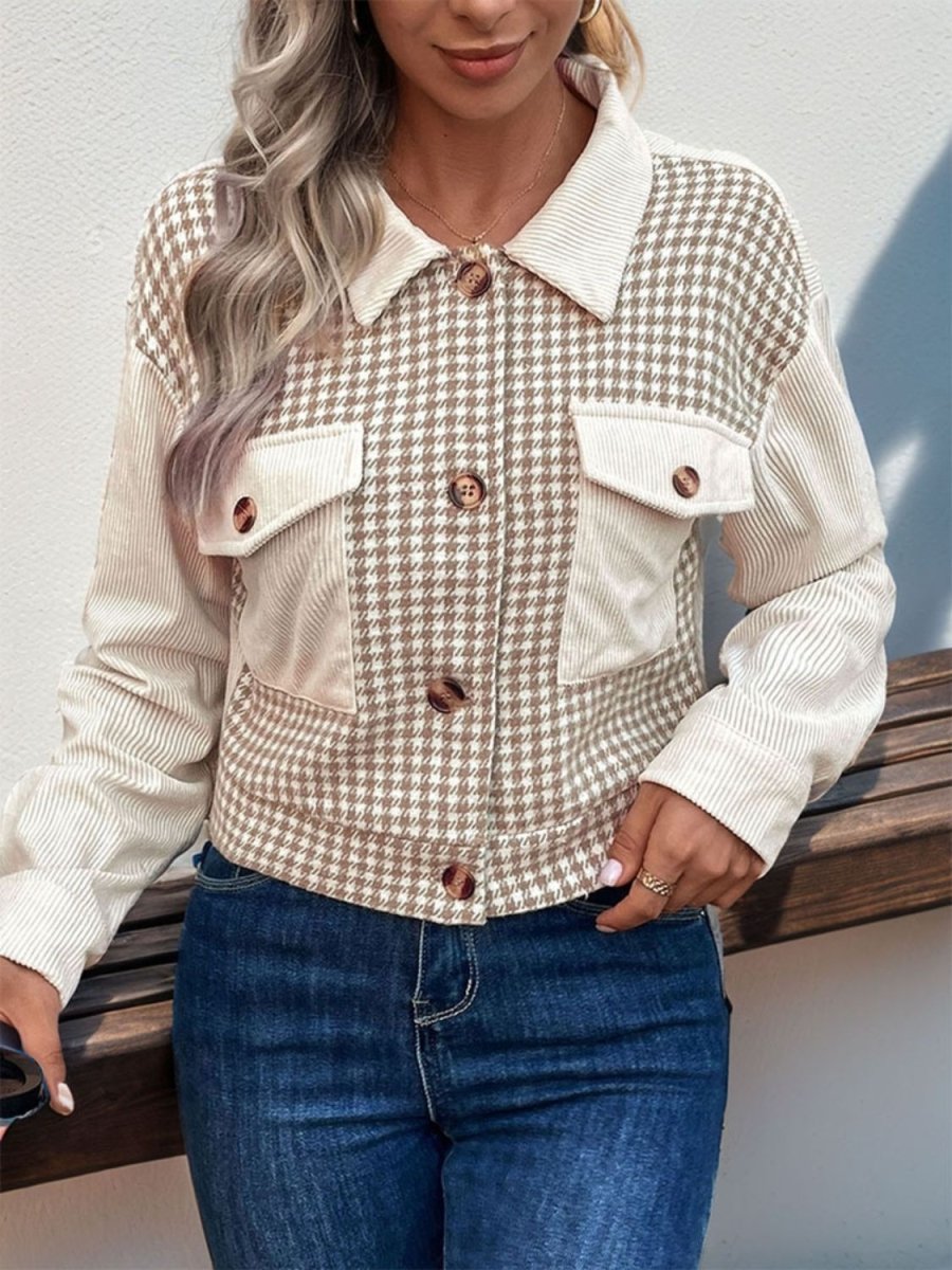 Perfee Pocketed Houndstooth Long Sleeve Jacket - Outerwear