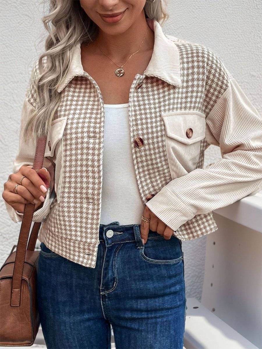 Perfee Pocketed Houndstooth Long Sleeve Jacket - Outerwear