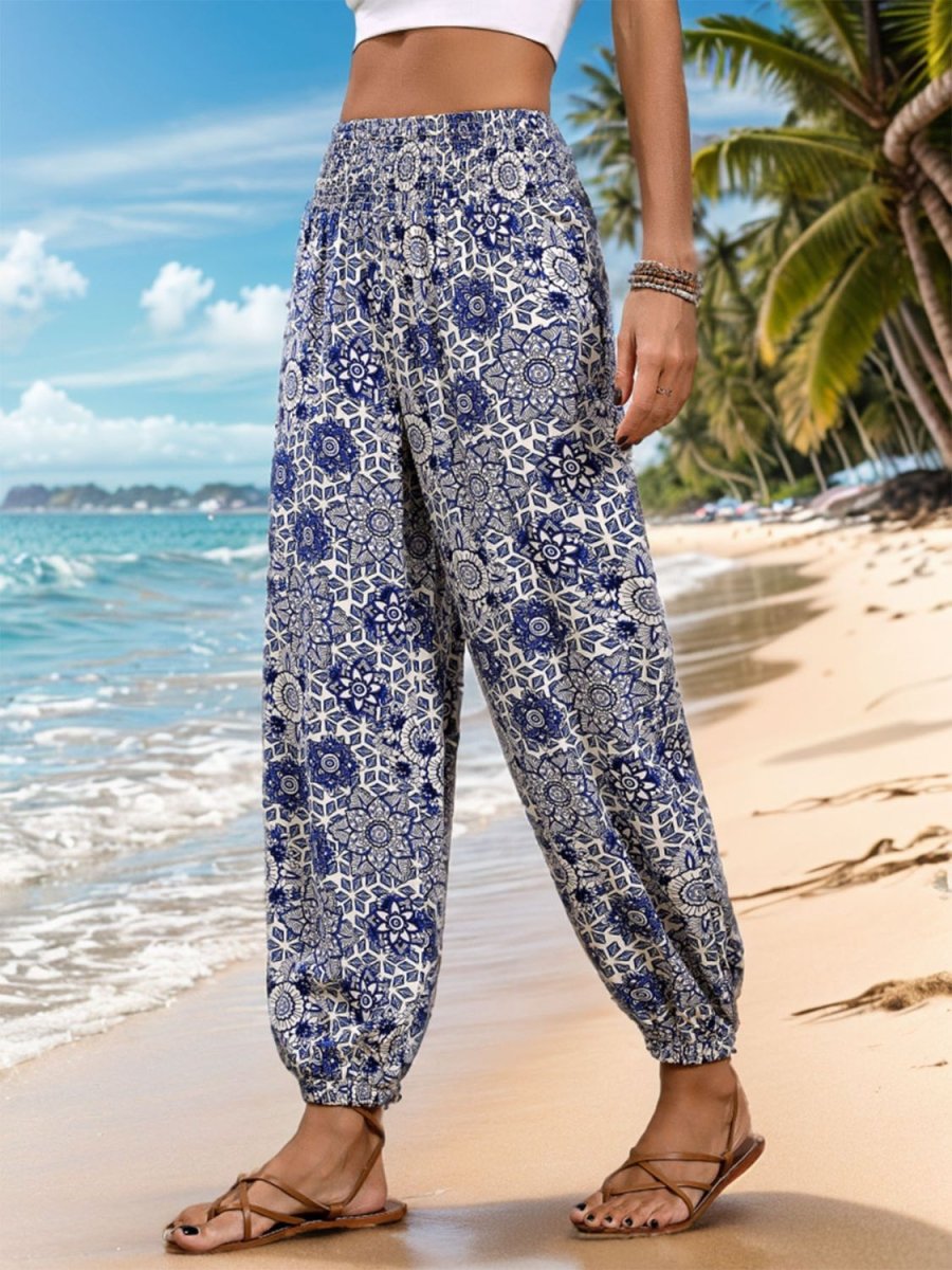 Perfee Printed Elastic Waist Pants - Bottoms