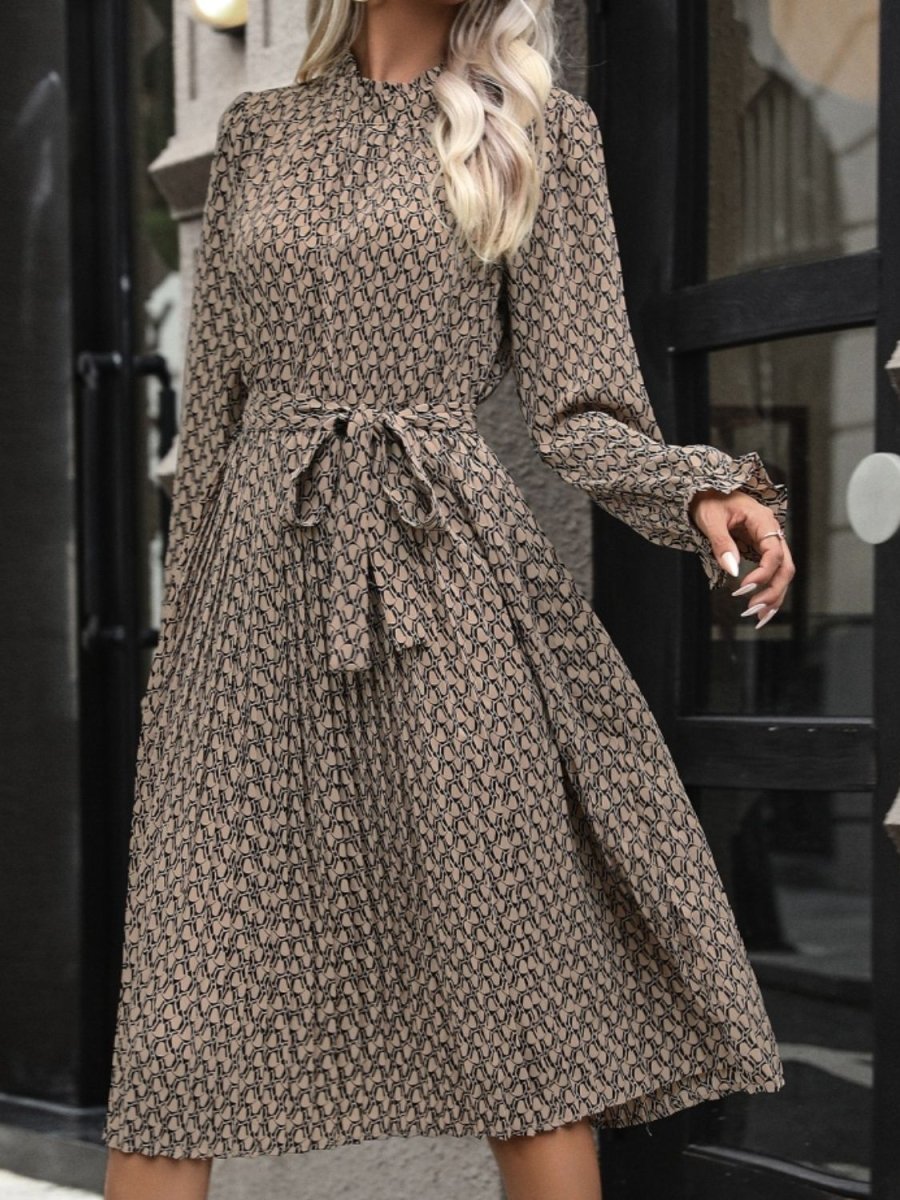 Perfee Printed Mock Neck Flounce Sleeve Dress - Formal Dress