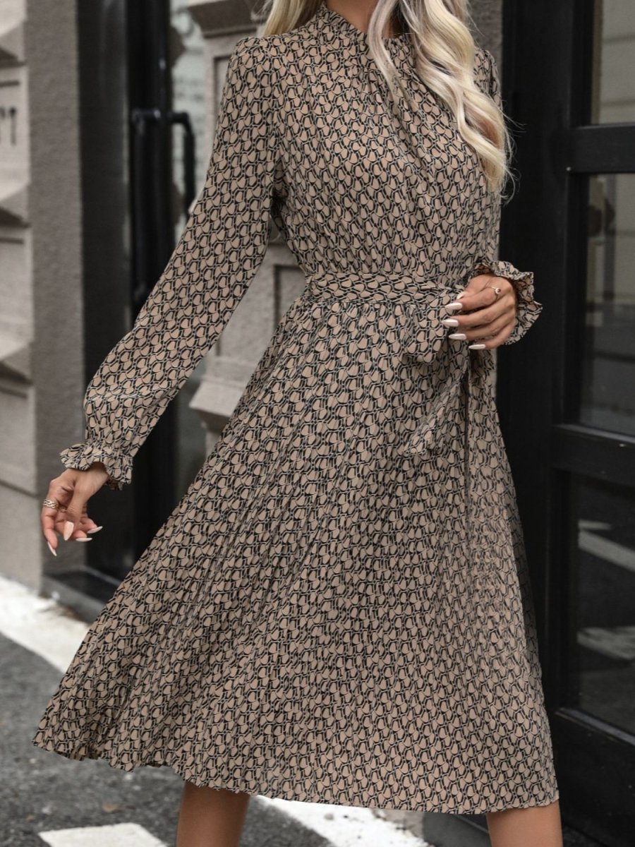 Perfee Printed Mock Neck Flounce Sleeve Dress - Formal Dress