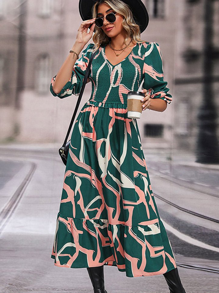 Perfee Printed Smocked V - Neck Three - Quarter Sleeve Midi Dress - Casual Dress