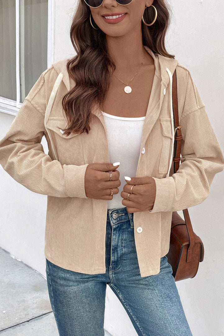 Perfee Ribbed Button Up Drawstring Hooded Jacket - Outerwear