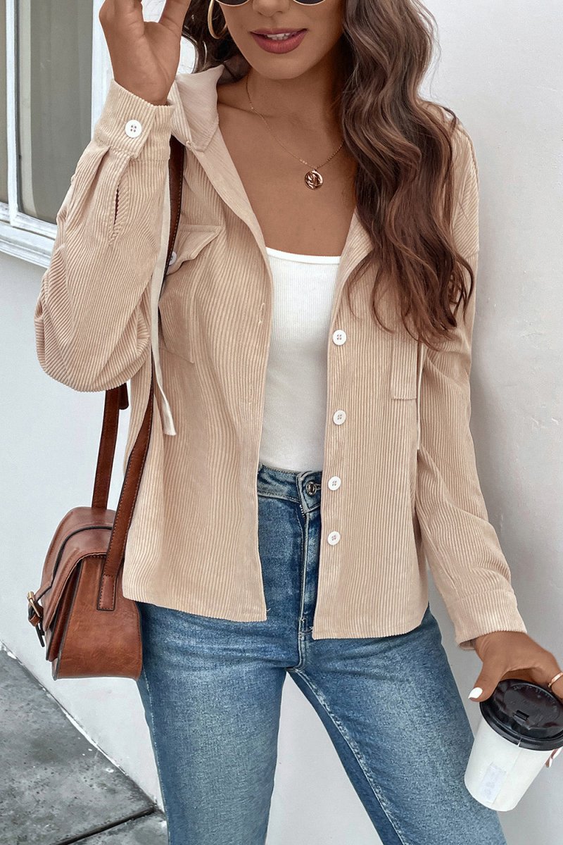 Perfee Ribbed Button Up Drawstring Hooded Jacket - Outerwear