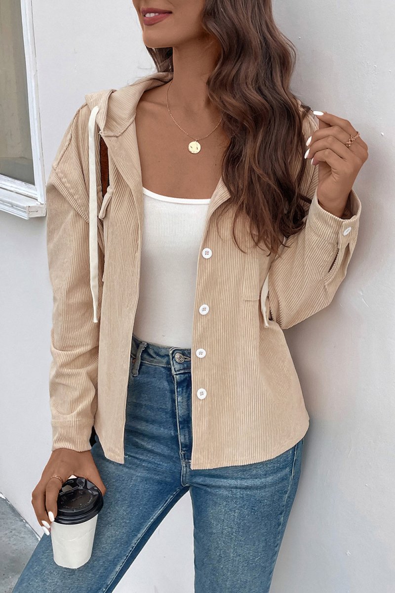 Perfee Ribbed Button Up Drawstring Hooded Jacket - Outerwear